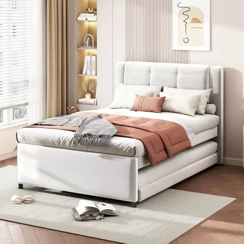 Lit plateforme grandeur nature avec lit gigogne – à plat ou érigé, gris et beige