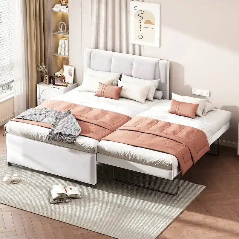 Lit plateforme grandeur nature avec lit gigogne – à plat ou érigé, gris et beige