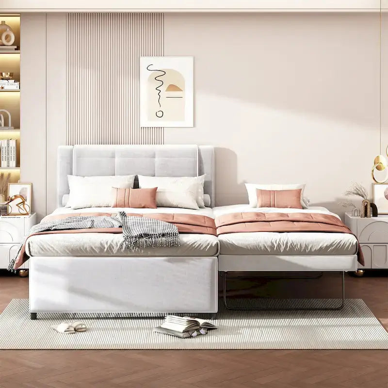 Lit plateforme grandeur nature avec lit gigogne – à plat ou érigé, gris et beige