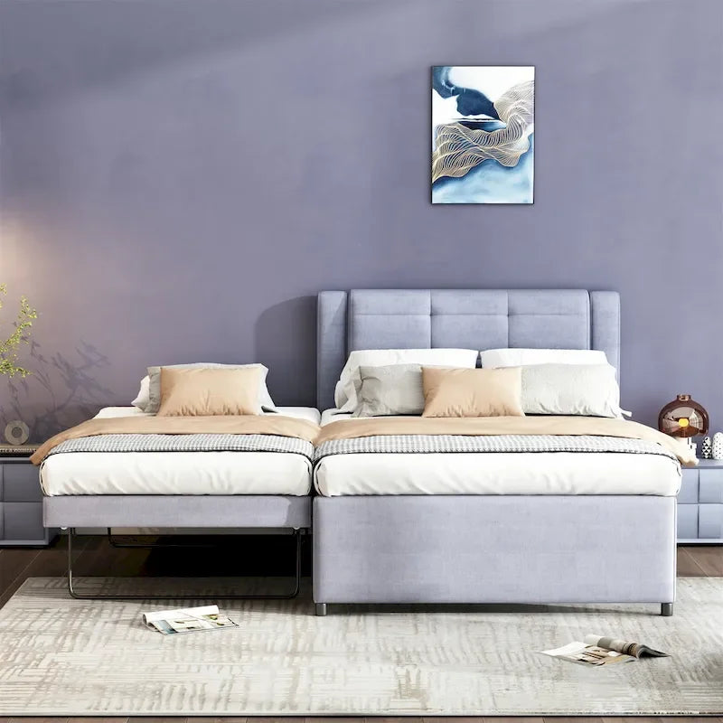 Lit plateforme grandeur nature avec lit gigogne – à plat ou érigé, gris et beige