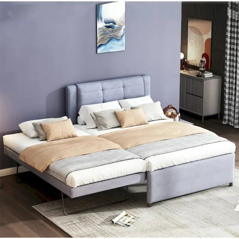 Lit plateforme grandeur nature avec lit gigogne – à plat ou érigé, gris et beige