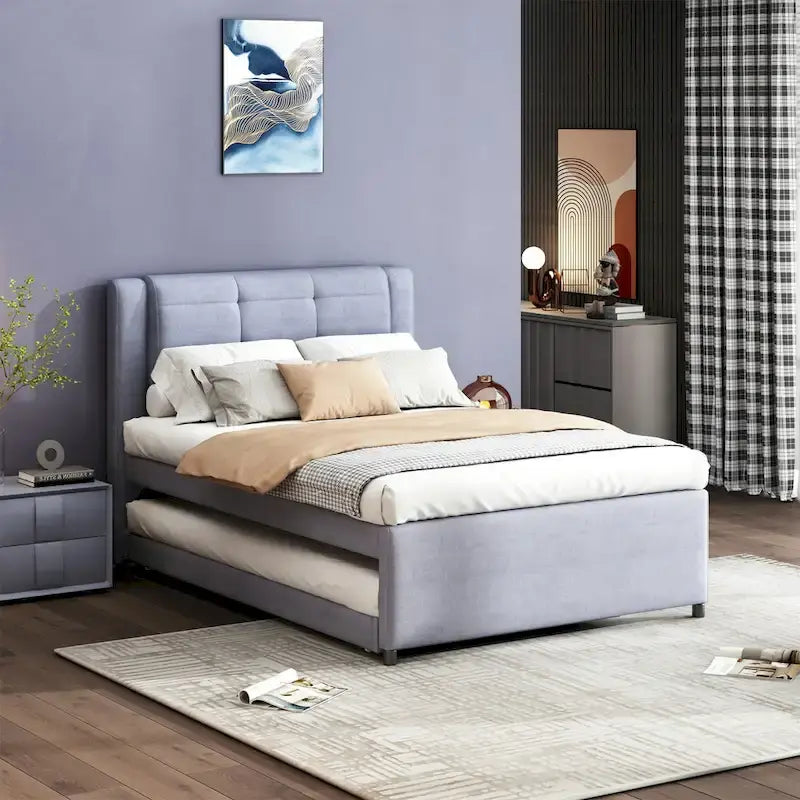 Lit plateforme grandeur nature avec lit gigogne – à plat ou érigé, gris et beige