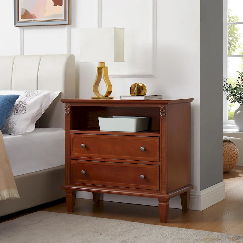 Table de chevet à 2 tiroirs avec étagère ouverte et station de charge – Table d'appoint de style rustique avec ports USB et prises électriques