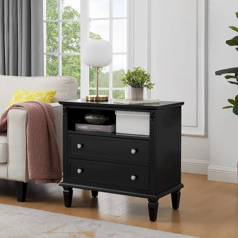 Table de chevet à 2 tiroirs avec étagère ouverte et station de charge – Table d'appoint de style rustique avec ports USB et prises électriques