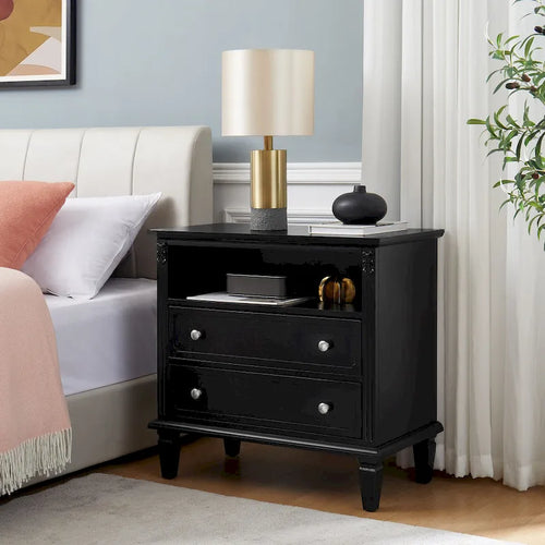 Table de chevet à 2 tiroirs avec étagère ouverte et station de charge – Table d'appoint de style rustique avec ports USB et prises électriques