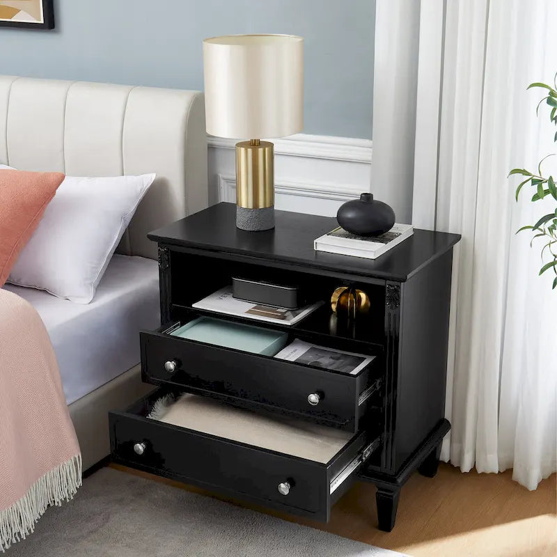 Table de chevet à 2 tiroirs avec étagère ouverte et station de charge – Table d'appoint de style rustique avec ports USB et prises électriques