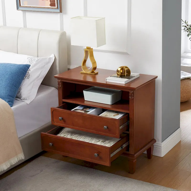 Table de chevet à 2 tiroirs avec étagère ouverte et station de charge – Table d'appoint de style rustique avec ports USB et prises électriques