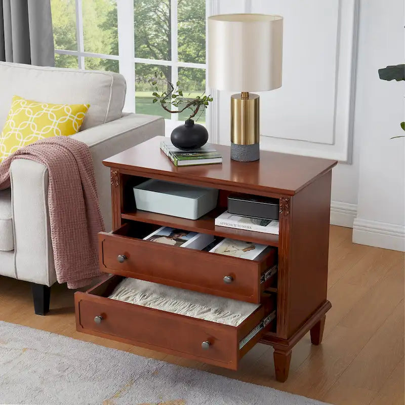 Table de chevet à 2 tiroirs avec étagère ouverte et station de charge – Table d'appoint de style rustique avec ports USB et prises électriques