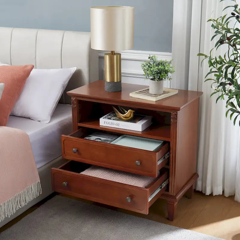 Table de chevet à 2 tiroirs avec étagère ouverte et station de charge – Table d'appoint de style rustique avec ports USB et prises électriques