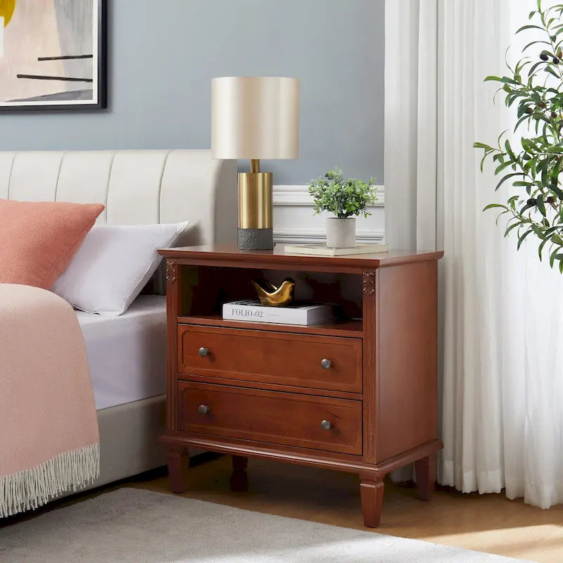 Table de chevet à 2 tiroirs avec étagère ouverte et station de charge – Table d'appoint de style rustique avec ports USB et prises électriques