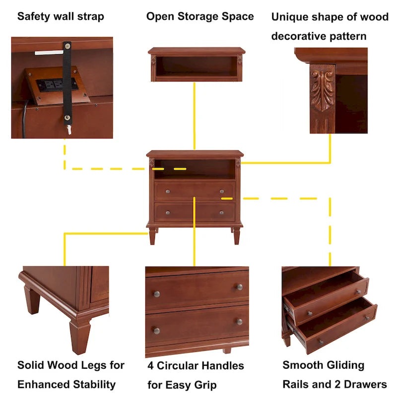 Table de chevet à 2 tiroirs avec étagère ouverte et station de charge – Table d'appoint de style rustique avec ports USB et prises électriques