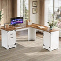 Bureau d'ordinateur de direction en forme de L avec prises de courant et ports Type-C et USB