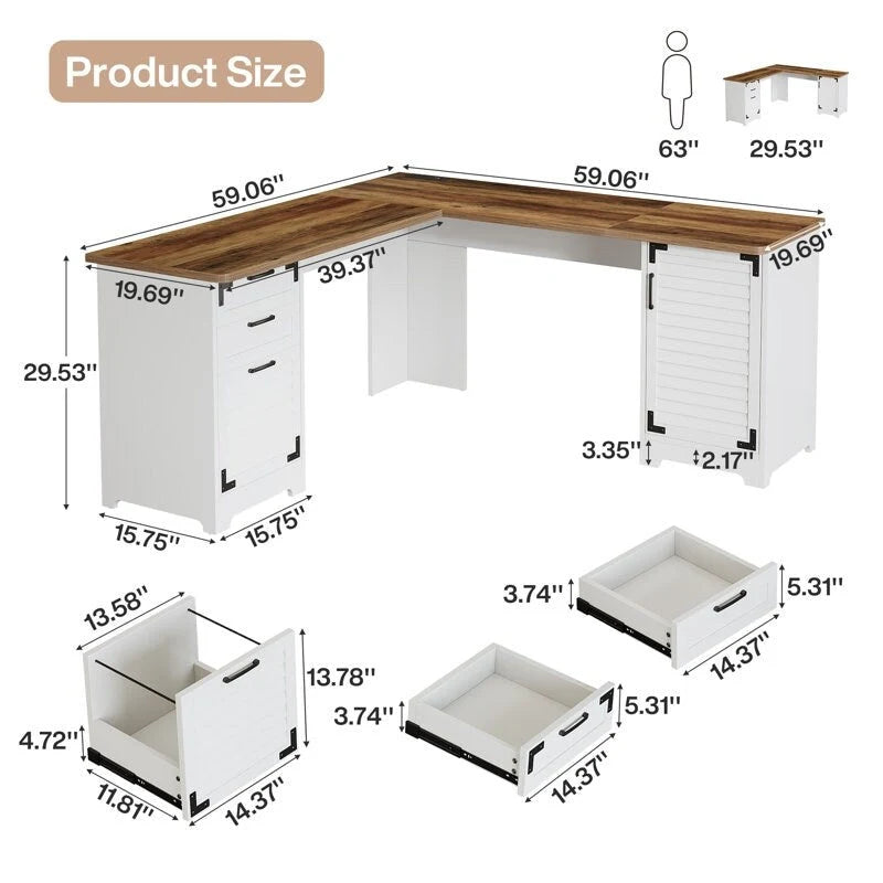 Bureau d'ordinateur de direction en forme de L avec prises de courant et ports Type-C et USB