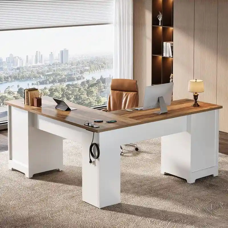 Bureau d'ordinateur de direction en forme de L avec prises de courant et ports Type-C et USB