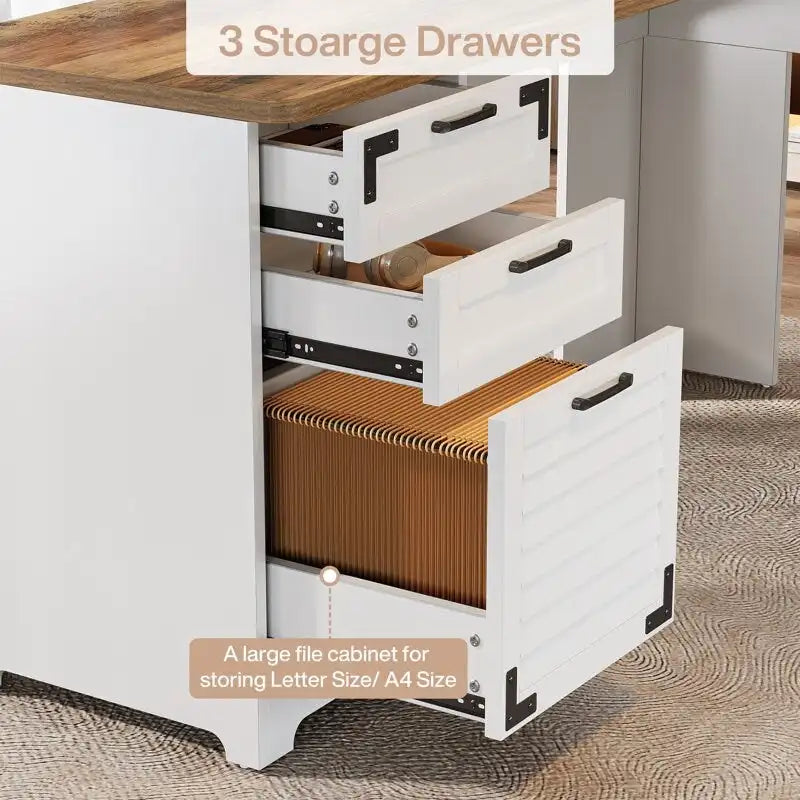 Bureau d'ordinateur de direction en forme de L avec prises de courant et ports Type-C et USB
