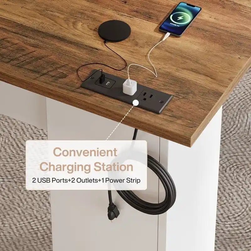 Bureau d'ordinateur de direction en forme de L avec prises de courant et ports Type-C et USB