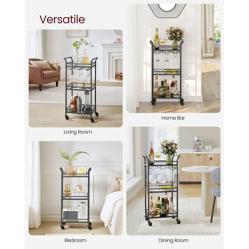 Desservant de bar moderne à 3 niveaux et compact avec étagères en miroir, roulettes verrouillables et support pour verres à vin - 11,8P x 18,4L x 36,2H