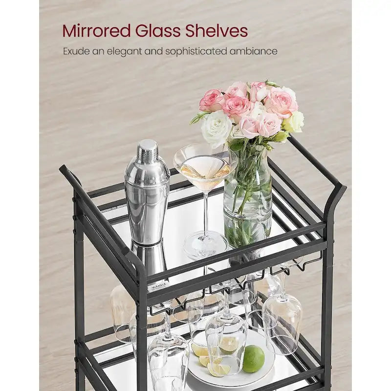 Desservant de bar moderne à 3 niveaux et compact avec étagères en miroir, roulettes verrouillables et support pour verres à vin - 11,8P x 18,4L x 36,2H