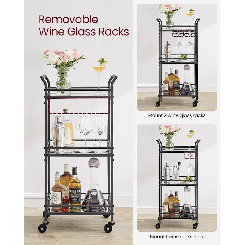 Desservant de bar moderne à 3 niveaux et compact avec étagères en miroir, roulettes verrouillables et support pour verres à vin - 11,8P x 18,4L x 36,2H