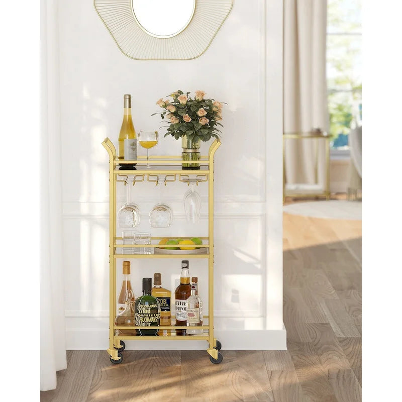 Desservant de bar moderne à 3 niveaux et compact avec étagères en miroir, roulettes verrouillables et support pour verres à vin - 11,8P x 18,4L x 36,2H