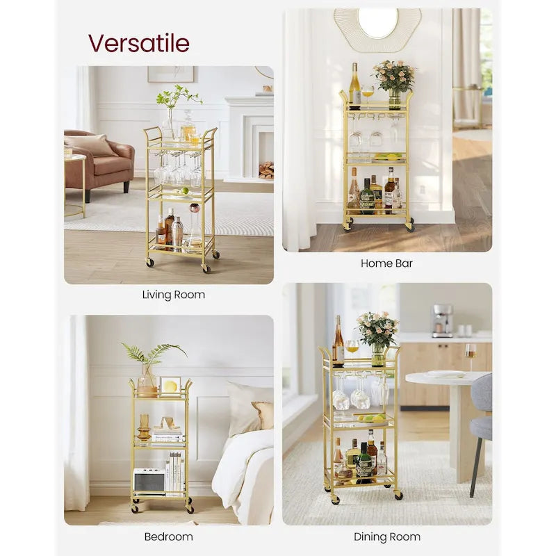 Desservant de bar moderne à 3 niveaux et compact avec étagères en miroir, roulettes verrouillables et support pour verres à vin - 11,8P x 18,4L x 36,2H