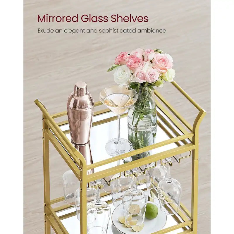 Desservant de bar moderne à 3 niveaux et compact avec étagères en miroir, roulettes verrouillables et support pour verres à vin - 11,8P x 18,4L x 36,2H