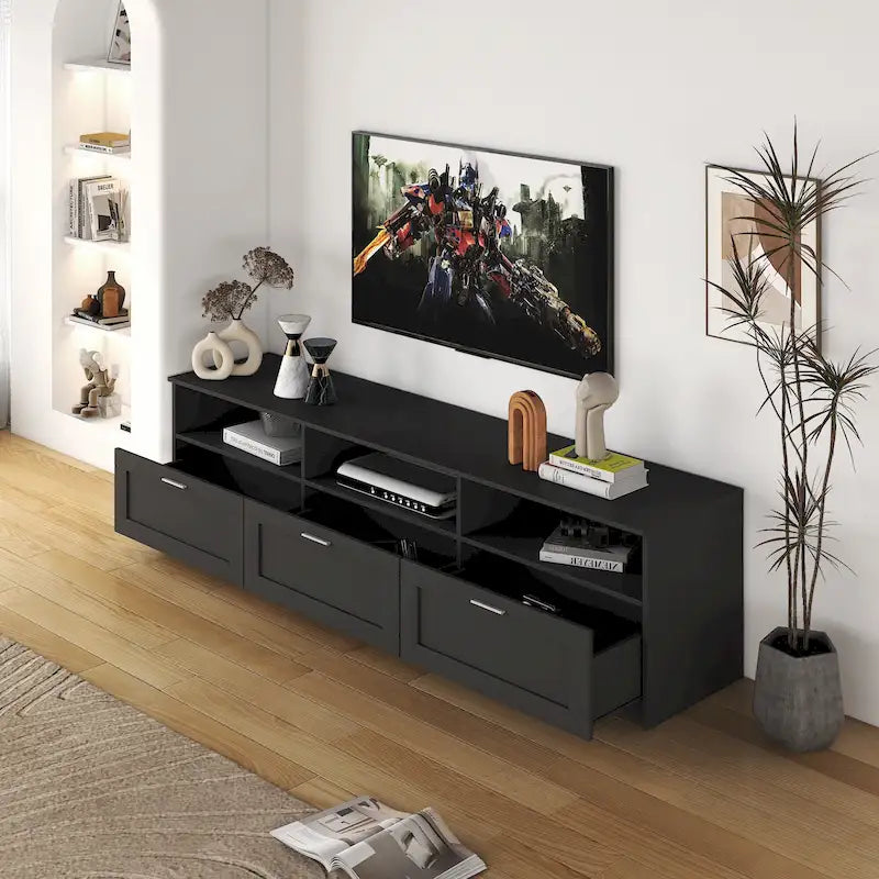 Meuble TV 70" avec rangement ouvert et tiroirs pour salon