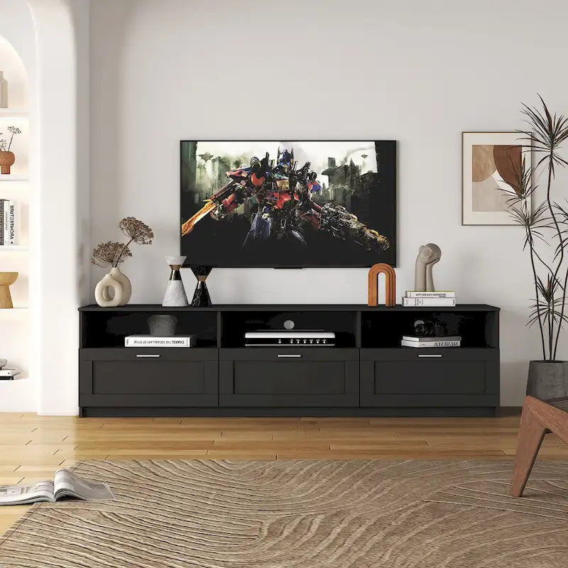 Meuble TV 70" avec rangement ouvert et tiroirs pour salon