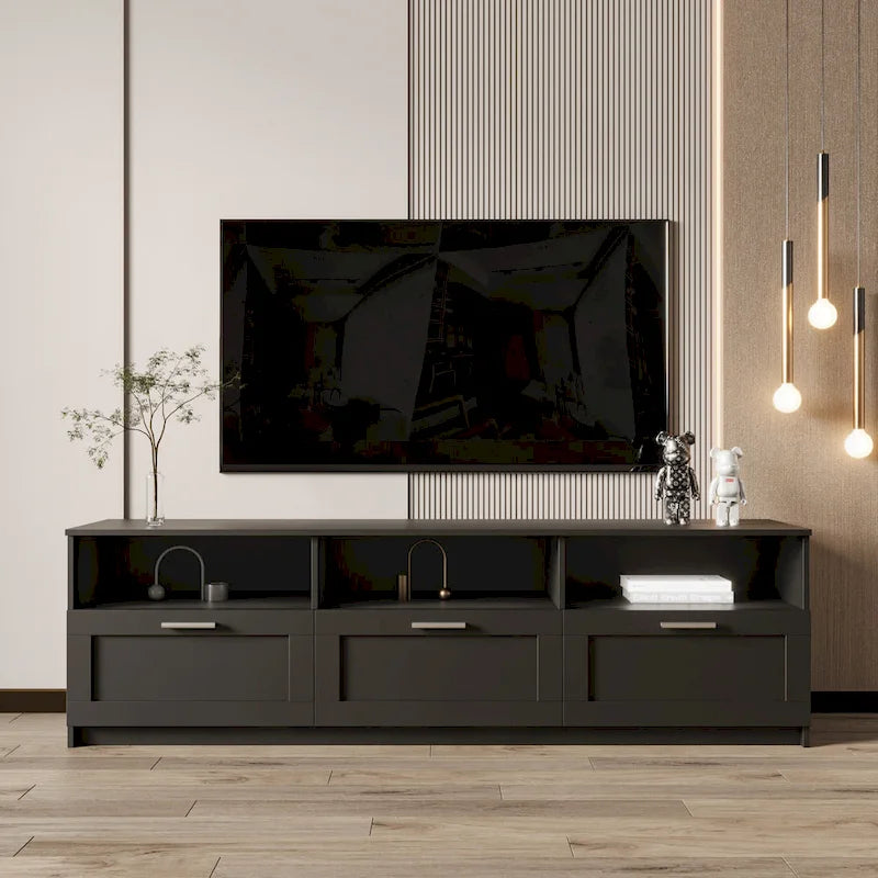Meuble TV 70" avec rangement ouvert et tiroirs pour salon