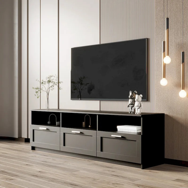 Meuble TV 70" avec rangement ouvert et tiroirs pour salon