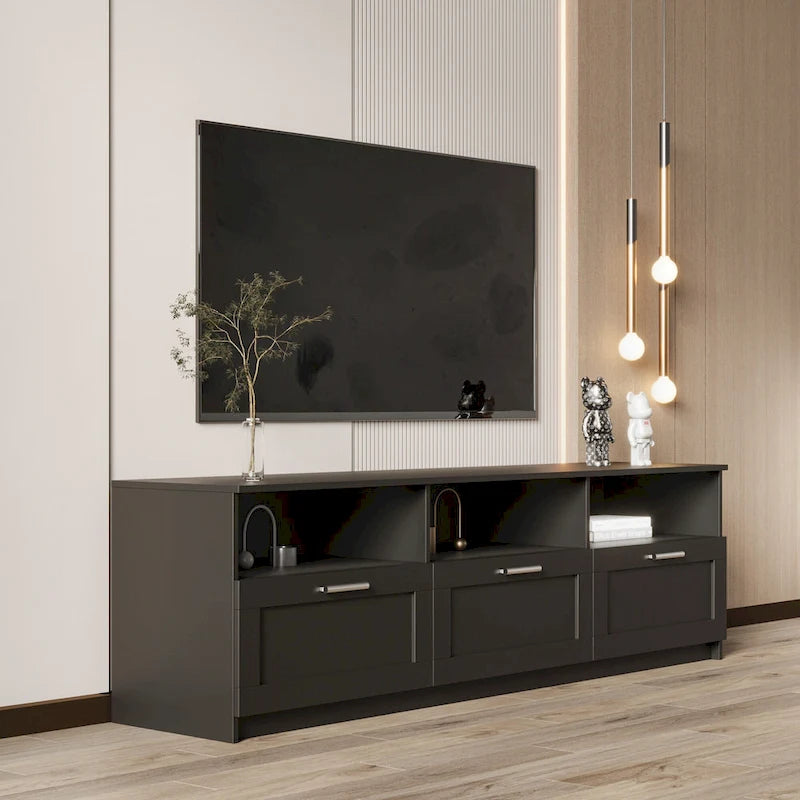 Meuble TV 70" avec rangement ouvert et tiroirs pour salon