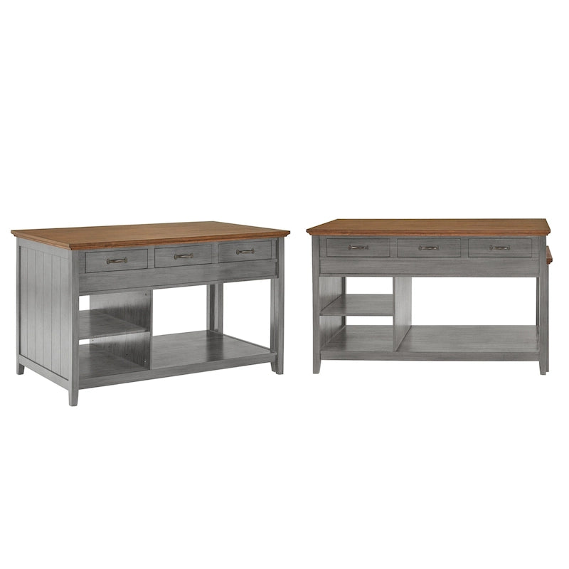 Îlot de cuisine extensible, finition antique bicolore, avec 3 tiroirs