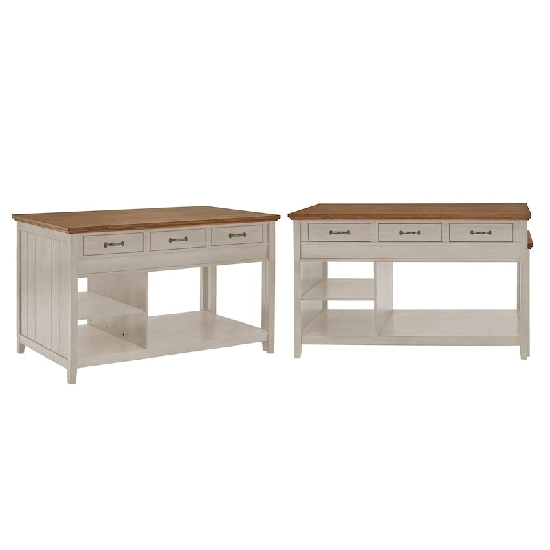 Îlot de cuisine extensible, finition antique bicolore, avec 3 tiroirs