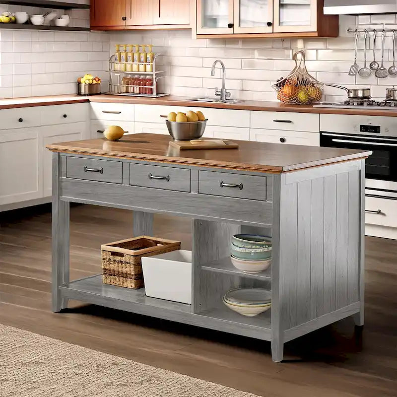 Îlot de cuisine extensible, finition antique bicolore, avec 3 tiroirs