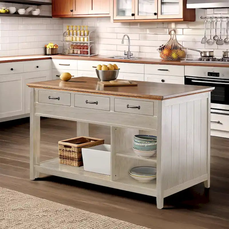 Îlot de cuisine extensible, finition antique bicolore, avec 3 tiroirs