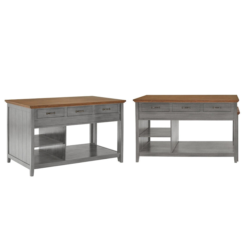 Îlot de cuisine extensible, finition antique bicolore, avec 3 tiroirs