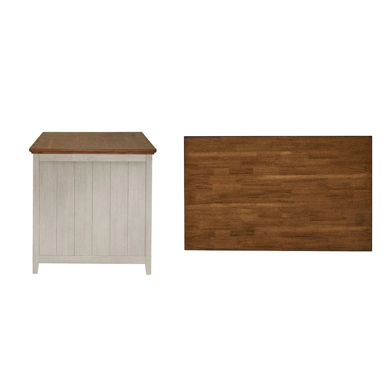 Îlot de cuisine extensible, finition antique bicolore, avec 3 tiroirs