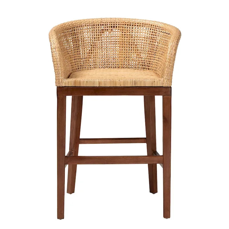 Tabouret de comptoir moderne bohème en rotin naturel et bois d'acacia