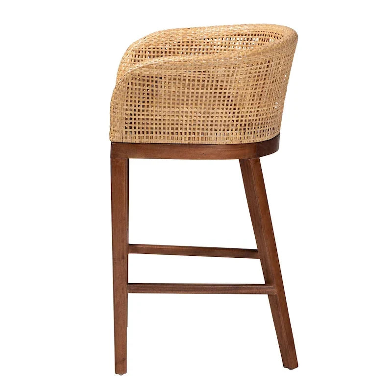 Tabouret de comptoir moderne bohème en rotin naturel et bois d'acacia