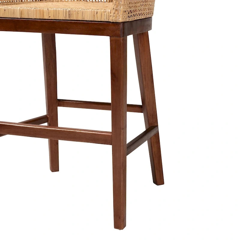 Tabouret de comptoir moderne bohème en rotin naturel et bois d'acacia