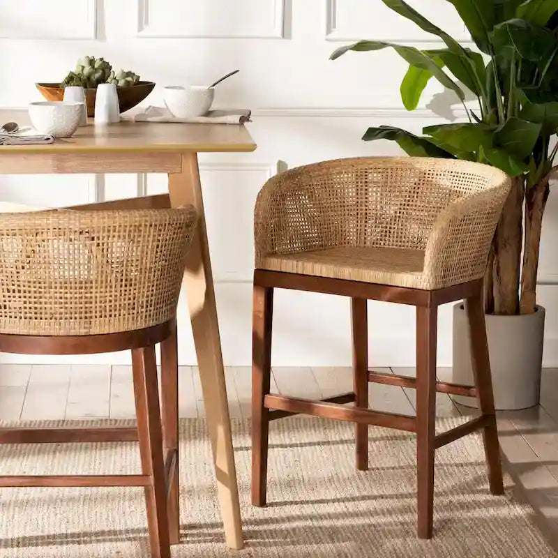 Tabouret de comptoir moderne bohème en rotin naturel et bois d'acacia