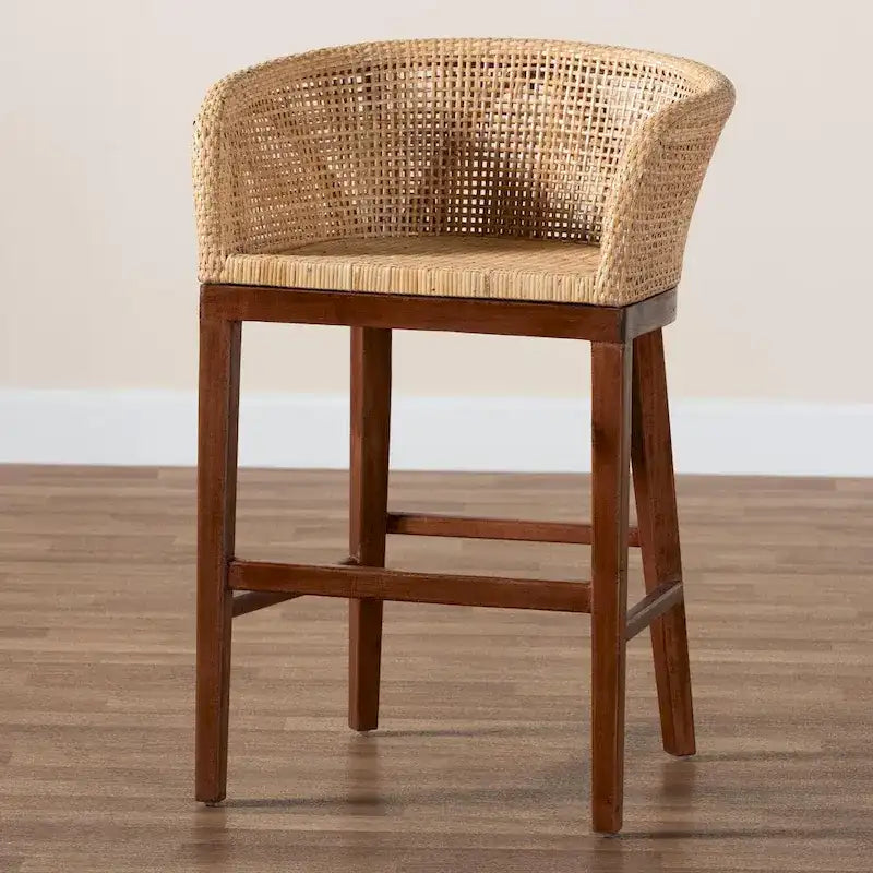 Tabouret de comptoir moderne bohème en rotin naturel et bois d'acacia