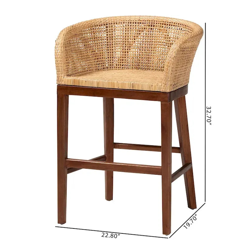 Tabouret de comptoir moderne bohème en rotin naturel et bois d'acacia