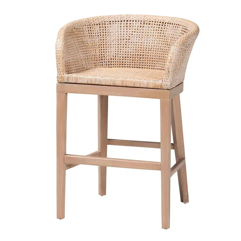 Tabouret de comptoir moderne bohème en rotin naturel et bois d'acacia