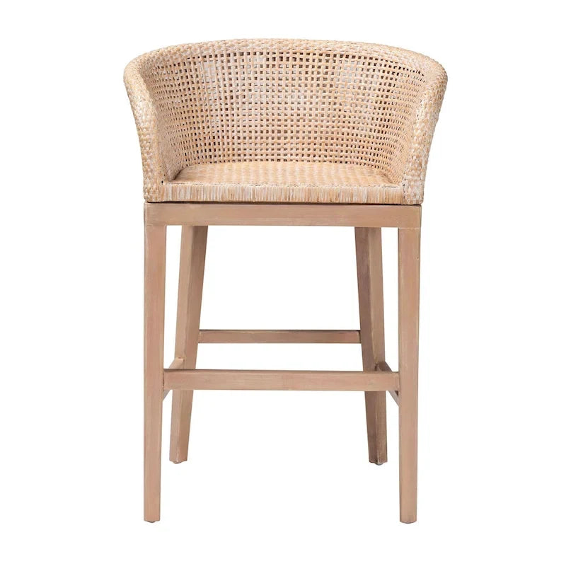 Tabouret de comptoir moderne bohème en rotin naturel et bois d'acacia