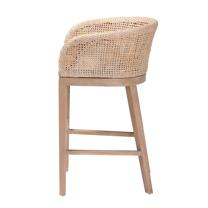 Tabouret de comptoir moderne bohème en rotin naturel et bois d'acacia