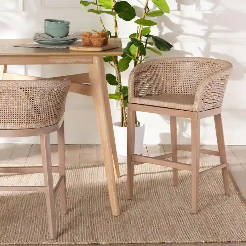 Tabouret de comptoir moderne bohème en rotin naturel et bois d'acacia