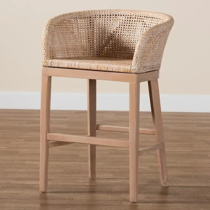 Tabouret de comptoir moderne bohème en rotin naturel et bois d'acacia