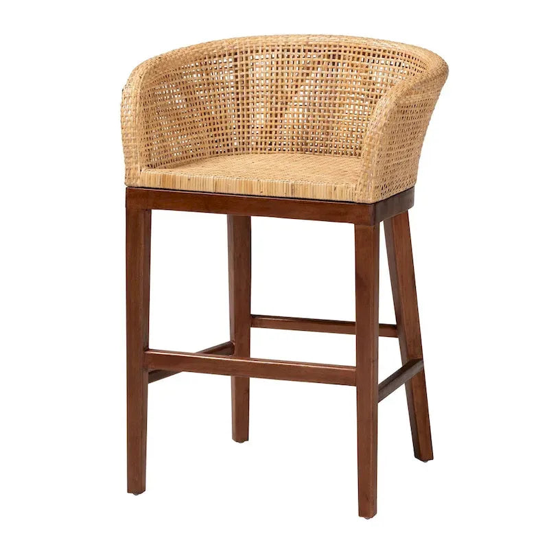 Tabouret de comptoir moderne bohème en rotin naturel et bois d'acacia