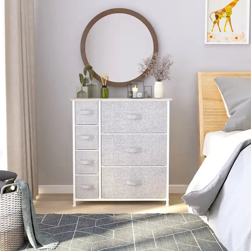 Tour de rangement à 7 tiroirs en tissu avec plateau en bois